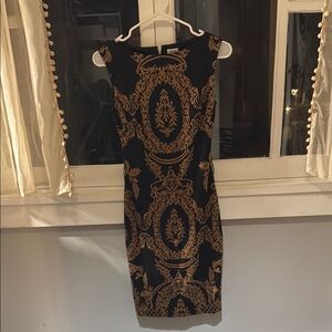 CACHE Black and Gold Sleeveless Midi Dress